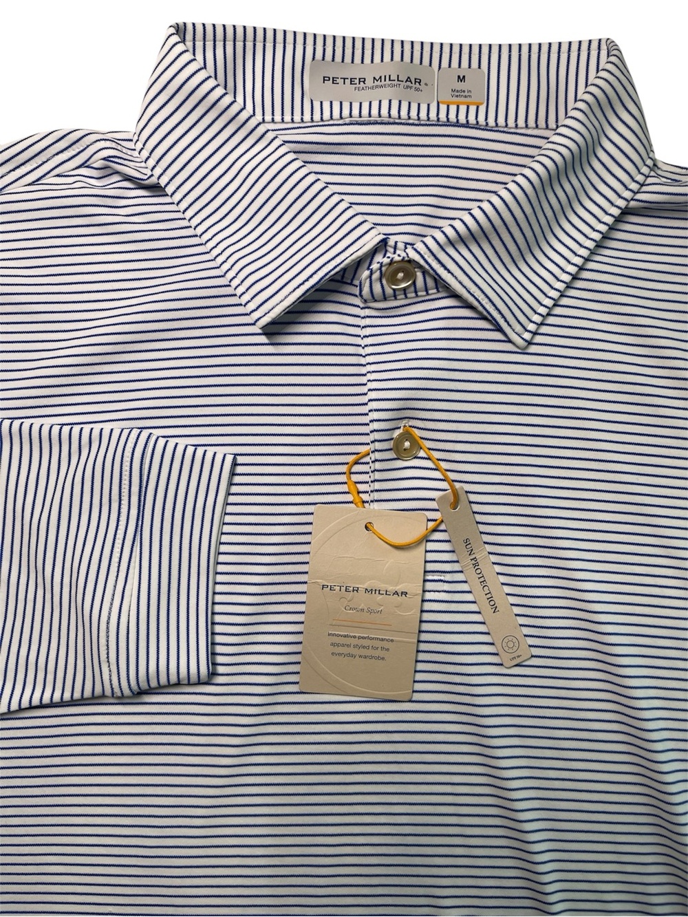 Peter Millar Crown Sport Featherweight Long Sleeve Polo Shirt White Blue M NWT